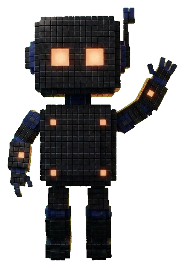 Robô voxel preto com olhos laranja acenando
